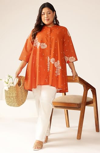 Image of Janasya Women's Plus Size Pure Cotton Floral Printed A-line Tunic