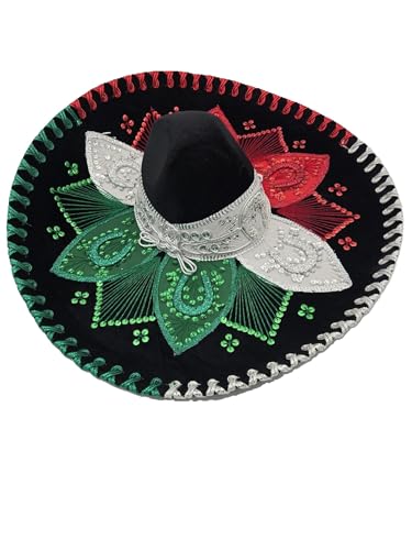 Mexican Mariachi Sombrero Hat Traditional Charro Style Black with Red White Green Embroidery