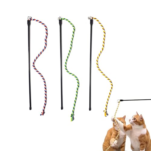 IUHKBH Cat Wands, 3 PCS Colorful Cat String Kitty Teaser Wands with Bell Interactive Kitten Toys for All Breed Sizes