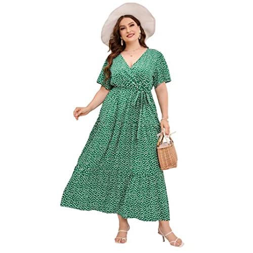 KOJOOIN Women Plus Size V Neck Wrap Maxi Dress Short Sleeves High Waist Ruffle Summer Casual Dress with Belt, XX-Large, Green White Flower