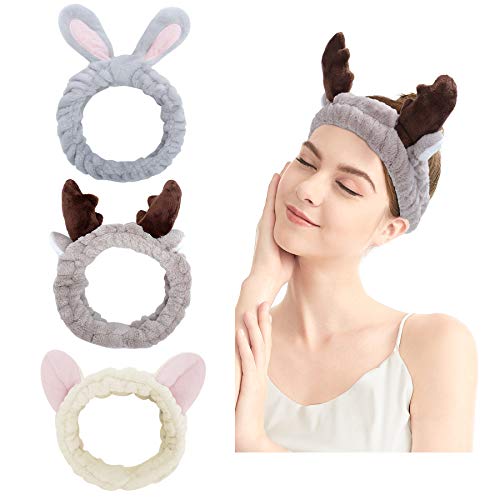Spa Headband - 3 Pack Women Facial Makeup Headband Coral Fleece Deer Angel Rabbit Hair Bands For Washing Face (Multi-Colored G) #TOP17