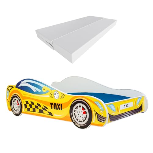 KOBI Kinderbett mit Rausfallschutz Auto | Taxi | 160 x 80 cm | Jugendbett mit Matratze | Kinderbetten Jungen Mädchen | Einzelbett...