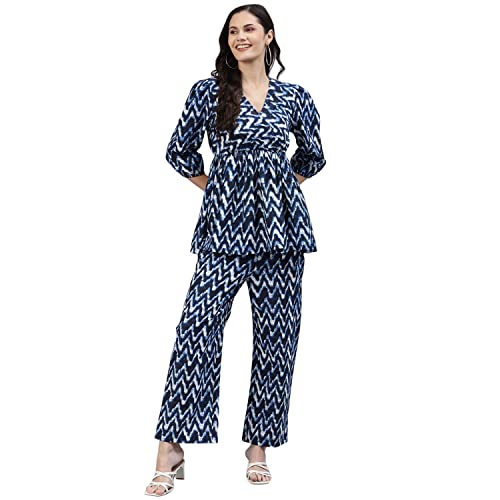 Image of DEEBACO Women's Tie-Dye Ankle Length Tunic with Trouser|V-Neck|Cord Set for Women Cotton|Long Jumpsuits Western Dress for Women Stylish Two Piece Co ord Set|Party Casual Wear(Multicolor)