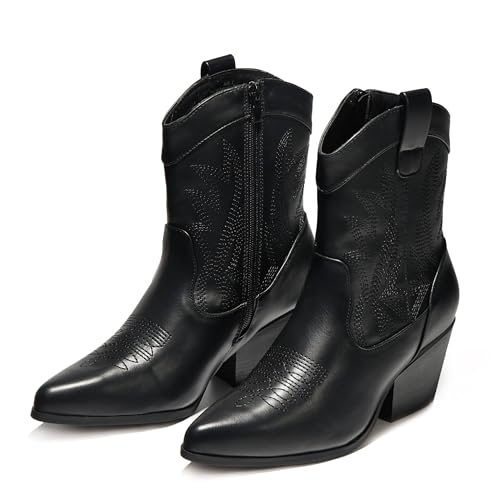Image of PEPPEP Western Cowgirl Cowboy Ankle Boots for Women or Ladies, Mid Calf, Vegan Leather Embroidered Upper, Low Heel, Fashionable Pointed-toe, Well Made