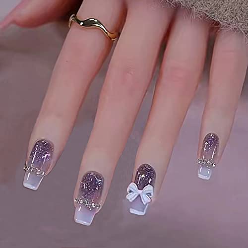 24Pcs French Tip Press on Nail Medium Long Square Butterfly Fake Nails Purple Starry Sky Glitter Design Full Cover Artificial Glue on Nails Rhinestones False Nails for Women Girls DIY Acrylic