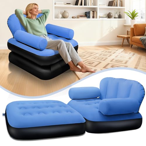 PRAXXIS Blow Up Pull Out Couch with Headboard,Inflatable Chair with Flocked Surface,Folding Inflatable Chairs for Adult,Portable Inflatable Sofa,Durable Inflatable Couch,Inflatable Couches for Camping