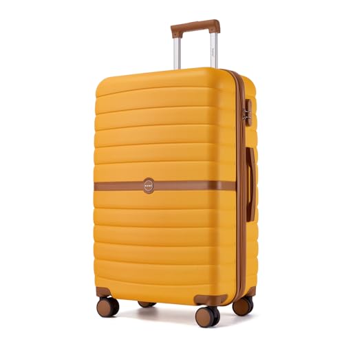 Kono Expandable 28 Inch Luggage with Spinner Wheels, Large Checked Luggage with TSA Lock, Lightweight & Anti-Scratch PC+ABS Hardshell Travel Suitcase, Yellow/Brown