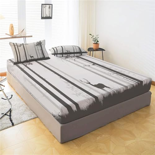 Drap housse 140x200 bonnet 30 cm gris imprimé forêt et cerf - 3