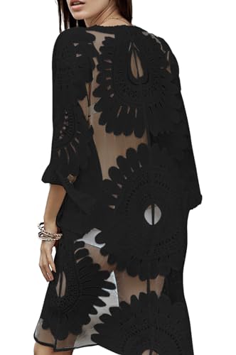 shermie Women's Short Sleeve Summer Lightweight Kimono Loose Long Floral Swimsuits Cover Up Black