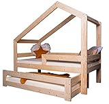 Apto para niños: la cama nido está hecha de madera de pino maciza. Cada tabla tiene un grosor de 2,8 cm, lo que permite una construcción muy estable. La cama no está pintada y, por lo tanto, no tiene olores artificiales.