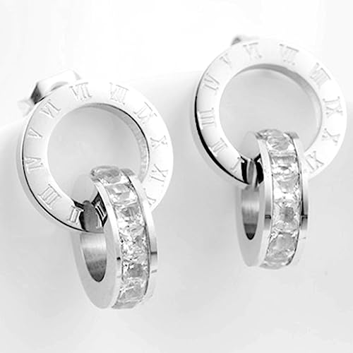 Stainless Steel Roman Numbers Interlocking Circles Cubic Zircon Filled Hoop Cuff Earrings4
