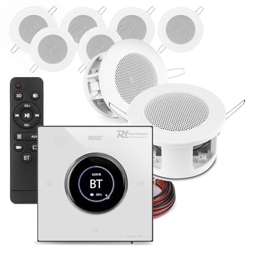 Power Dynamics Powerline B100W Compact Bluetooth Ceiling Speaker System 8x 3 In-Ceiling Speakers & Wall Amplifier Home Audio Installation Kit Touch LCD 10m Cables White