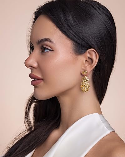 18K gold plated Dangle Textured Chunky Ginkgo Leaf Shell Tiered Statement Earrings for Women by SNGIA, Dainty Handmade Trendy Summer Drop Flower Jewelry Gifts, Thin Beachy Vintage Plant Fashion Drop Accessories, Vintage Nickle Free Floral Dangling Earrings.2