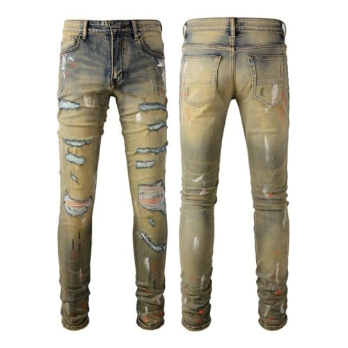 Jeans Pants Trousers Denim Men Street Trendy Ripped Spray Paint Dot Retro Personalized Elastic Slimming Broken Hole Casual Small Foot(Blue,31)3
