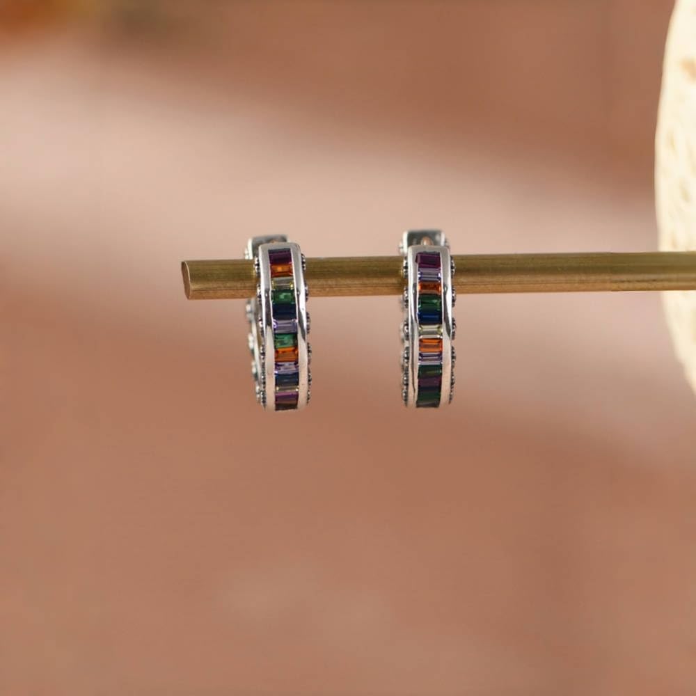 Colorful Hoop Earrings 925 Sterling Silver Huggie Earrings with Multi-colors Cubic Zirconia Pride Rainbow Earrings for Women