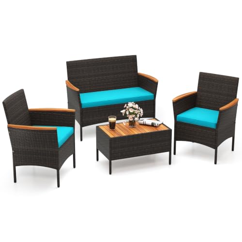 Tangkula 4 Pieces Patio Wicker Sofa Set, 2 Rattan Chairs & Loveseat w/Coffee Table, Acacia Wood Armrests & Tabletop, Outdoor Cushioned Conversation Set for Backyard, Poolside (Turquoise, 4 Pieces)