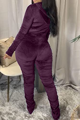 Womens Sexy Bodycon Velour Tracksuits 2 Piece Outfits Long Sleeve Zipper Hoodie Jackets Drawstring Stacked Pants Set Sweatsuits For Party Going Out Purple #TOP2