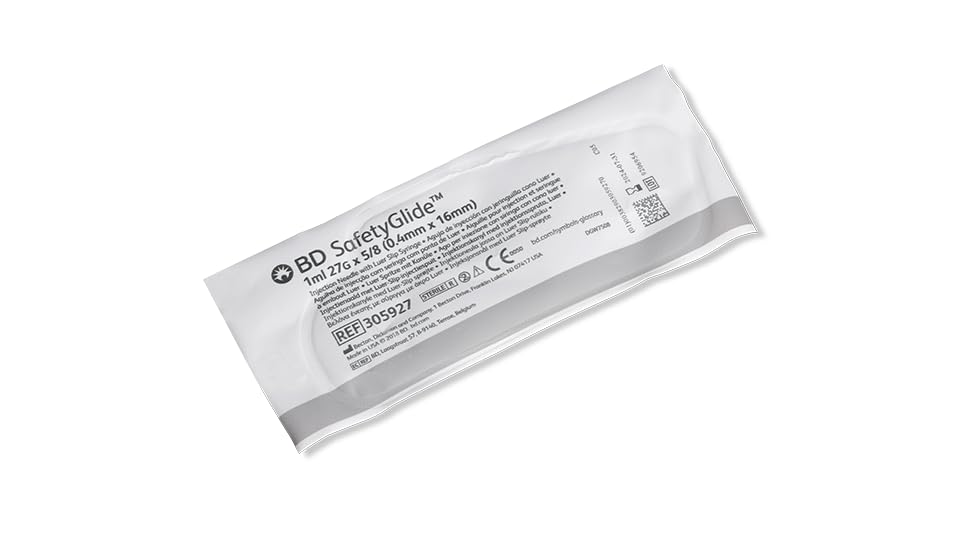 BD SafetyGlide Needle, 27 G x 5/8 in. with 1 mL Syringe, #305927, (50 Count)