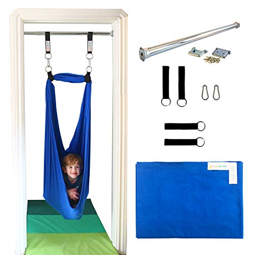 DreamGYM Doorway Sensory Swing - Supports 220lbs, Steel Bar Secured by Brackets - 95% Cotton Compression Swing for Self-Regulation (Blue) by DreamGYM - Used condition - US$123.53