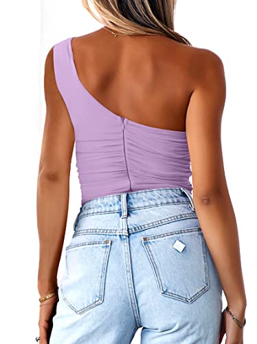 Anrabess Women 2023 Summer Sleeveless Sexy One Shoulder Mesh Solid Tank Top Bodysuit Jumpsuits 845Danzi-L #TOP4