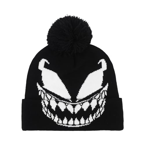 Marvel Venom Beanie Hat, Intarsia Winter Knit Cap with Cuff and Pom, Face Design, Black, One Size