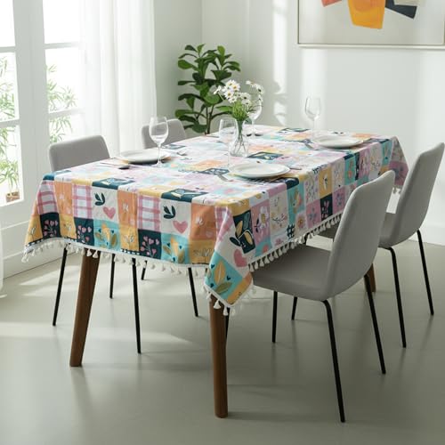 Image of LORETO - A QUALITY LINEN BRAND 100% Pure Cotton Table Cover with Boho Tassels (48 x 48 Inch) - Square Tablecloth for Square Dining Table, Pastel Garden on White Grid