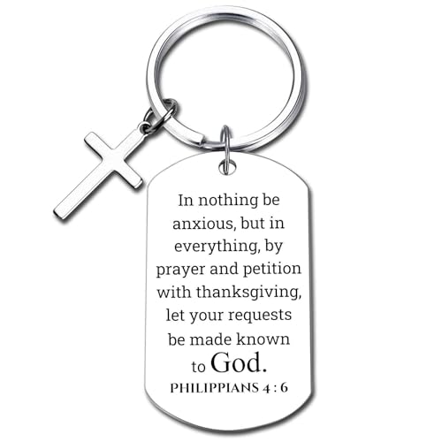 GiftYou Inspirational Scripture Metal Key Chains with Cross Pendant - Bible Verse Keychain Religious Gift for Christian (Philippians 4:6)