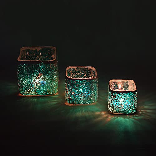 3 Pcs Handmade Glass Mosaic Candle Holder, Stained Glass Tealight Votive Holder (Turquoise) #TOP4