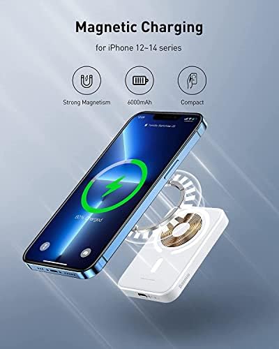 Baseus Power Bank, Mag-Safe Battery Pack Magnetic Battery 6000mAh, Mini Powerbank Protable Wireless Fast Charge with PD 20W USB-C for iPhone 14/13/12 Series,White