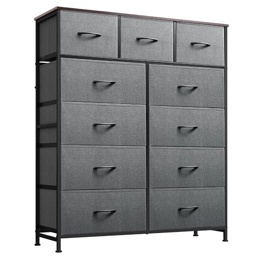 WLIVE Storage Organizer Unit with 11 Fabric Bins, Storage Drawers Organizer with Steel Frame, Tall Storage Tower Organizaton for Living Room, Hallway, Office, Light Grey