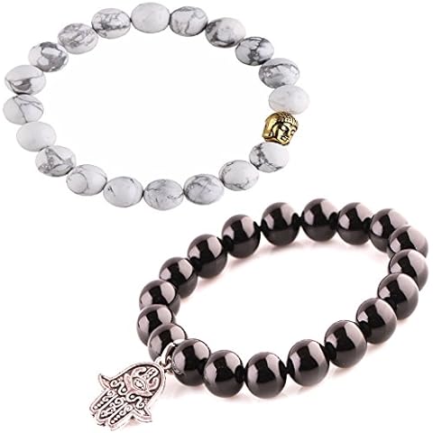 ZUUC Fashion Stylish Genuine 10mm Gem Beads Bracelet Handmade Religious Blessing Collection 2Pcs (Golden Buddha Bead + Silver Hamsa Hand Evil Eye) Cover