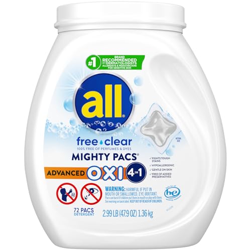all Unit Dose Laundry Detergent, Mighty Pacs, Free Clear, OXI, 72 Count