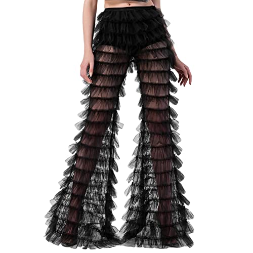Womens Sheer Lace Flared Pants Sexy See Through Bell-Bottoms Leggings Hallow Out Mesh Cover Up Trousers2