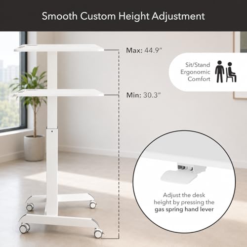 Image of Mount-It! Laptop Cart Rolling Desk Adjustable Height with 28.5 inch x 22 inch Tabletop, Ergonomic Sit-Stand Workstation on Wheels Portable for Home Office, Dorm, Classroom, White
