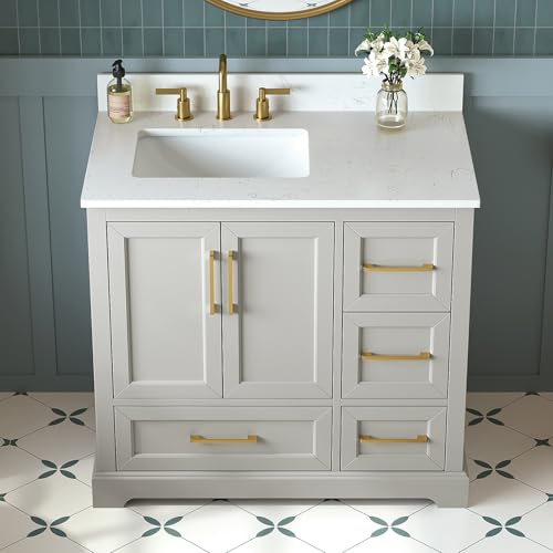 DELUXE LIVING 36 Inch Bathroom Vanity with Sink Combo, Solid Wood Frame with Mable Top &Backspalsh, Fully-Assembled with Soft-Closing Doors & 4 Drawers, Greige