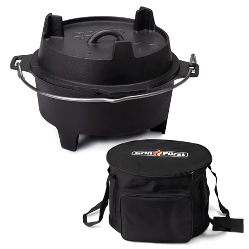 Grillfürst Dutch Oven ca. 12 Liter - stabil stehender Feuertopf durch speziell entwickelte T-Füße, hitzebeständiger Gusseisen Topf, Deckel als Pfanne nutzbar, DO 12 inkl. Aufbewahrungstasche