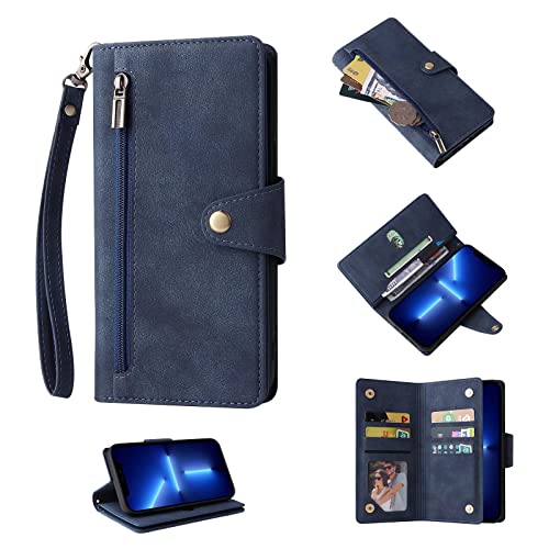 ESONG Wallet Case for Xiaomi 11T/11T Pro, Premium PU Leather Zipper Pocket Magnetic Flip Stand Case Cover with Wrist Strap - blue