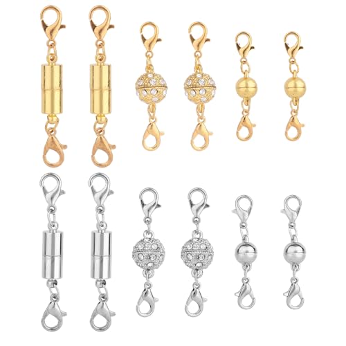 12pcs Magnetic Jewellery Clasp, Gold & Silver Magnetic Necklace Extenders with Double Lobster Fasteners Ball & Cylindrical Connectors Jewelry Closures for Necklaces Bracelets