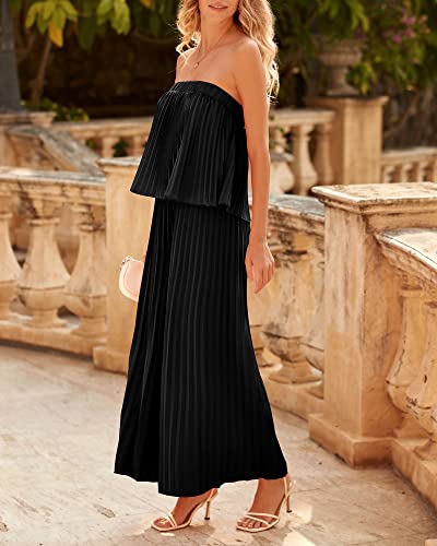 Btfbm Women 2023 Off Shoulder Summer Rompers Strapless Pleated Wide Leg Palazzo Pants Jumpsuit Fashion One Piece Outfits(Solid Black, Medium) #TOP3