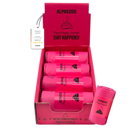 alphazoo Sacchetti per escrementi di cani, biodegradabili, rosa, 120 pezzi, per cani su ruote, a prova di perdite, resistenti agli strappi