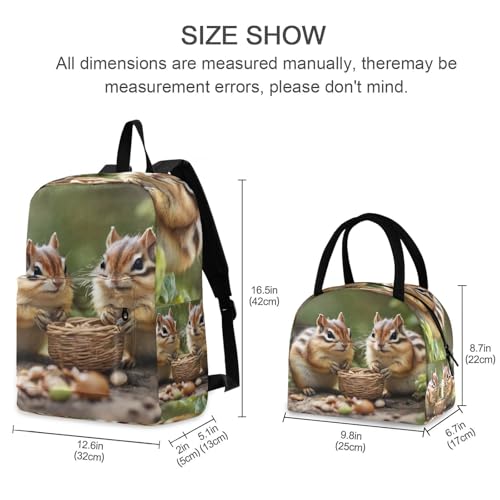 Backpack Lunch Box Set Large Capacity Travel Backpacks and Insulated Lunch Bag for Commute Hiking Picnic Squirrels Print2