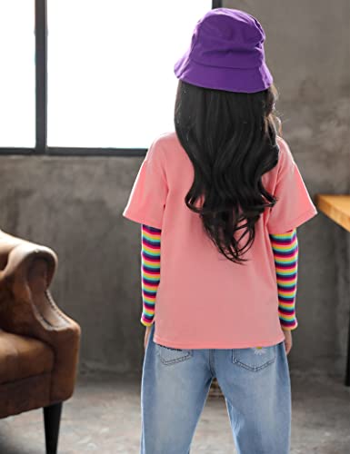 Kiench Girls' Long Sleeve T Shirts Cotton Tees 2-in-1 Look Crewneck Tops Floral3