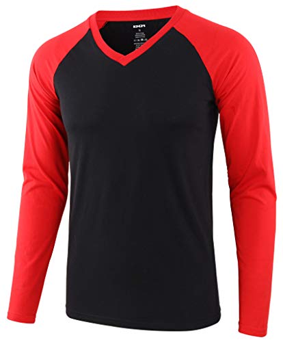 KNQR Men's Classic Vintage Long Sleeve Tagless V Neck Baseball Hiking T Shirts Black/Flame Red L