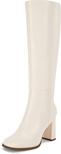 Coutgo Womens Wide Calf Knee High Boots Chunky High Heel Square Toe Fashion Leat