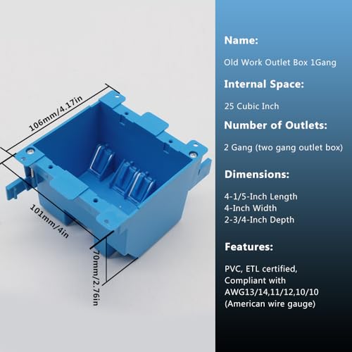 Image of 2 Gang Old Work Electrical Box, 25 cu in, Blue, Pack of 1, ETL Listed | Features 25 cu inSwitch /Outlet Box; 4-1 /5-in Length By 4-in Width By 2-3 /4-in Depth; ETL Certified(1 Pack).