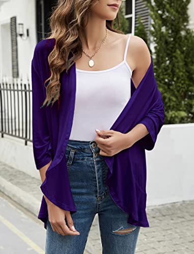 Image of Yekaty Women Cardigan 3 /4 Sleeves Open Front Lightweight Cardigan Draped Ruffles Knit Cardigan