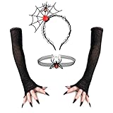TAXTYHRE 3 Piezas Accesorios para Disfraz de Araña de Halloween, Largos Guantes Sin Dedos de Araña de Halloween, con Diademas de Araña y Collar de Araña, para Halloween, Carnaval, Fiesta, Cosplay
