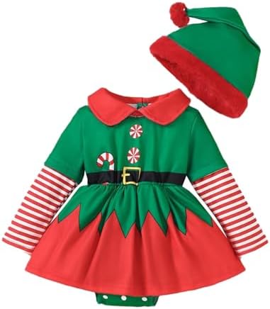 Infant Baby Girl Christmas Outfit Santa Claus Romper Dress Long Sleeve Xmas Princess Jumpsuit with Hat 𝘾𝙤𝙨𝙩ume