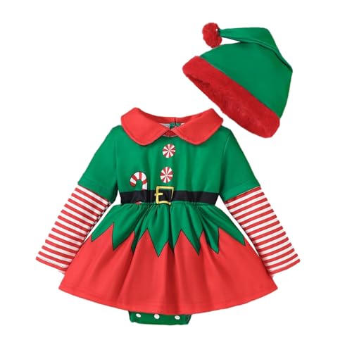 Générique Bébé Fille Ensemble Costume Lutin Noël Déguisement Elfe Barboteuse Robe Noël et Chapeau