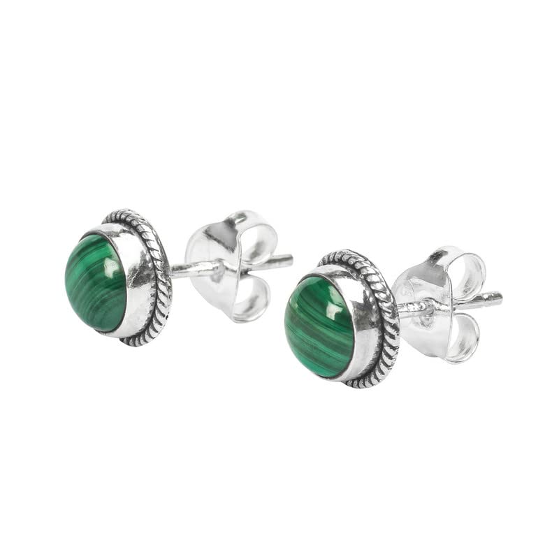 Malachite Stone Stud Post Earrings, 925 Sterling Silver Gemstone Earring 6 MM Round Girls Women Gift